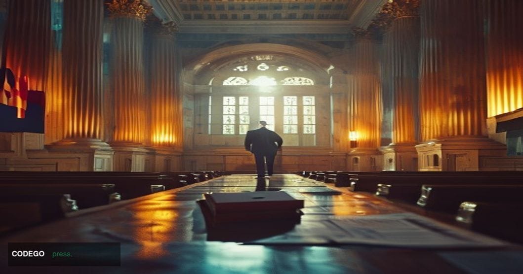 A cinematic editorial photograph set inside a formal federal government hearing chamber in Washington, D.C., evoking the gran