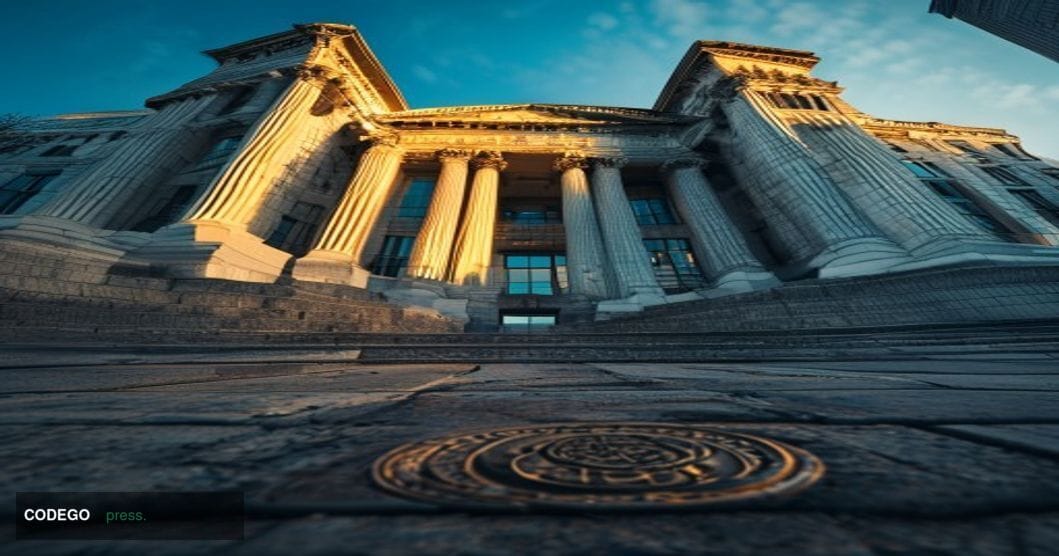 A photorealistic editorial photograph of the exterior of the Office of the Comptroller of the Currency headquarters building 