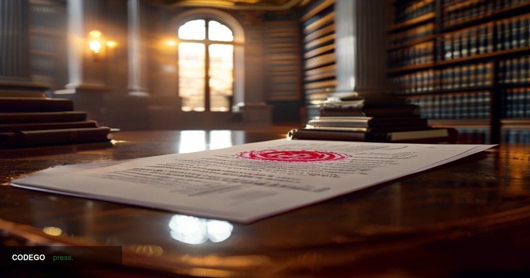 A photorealistic editorial photograph centered on a formal regulatory document bearing an official government seal being stam