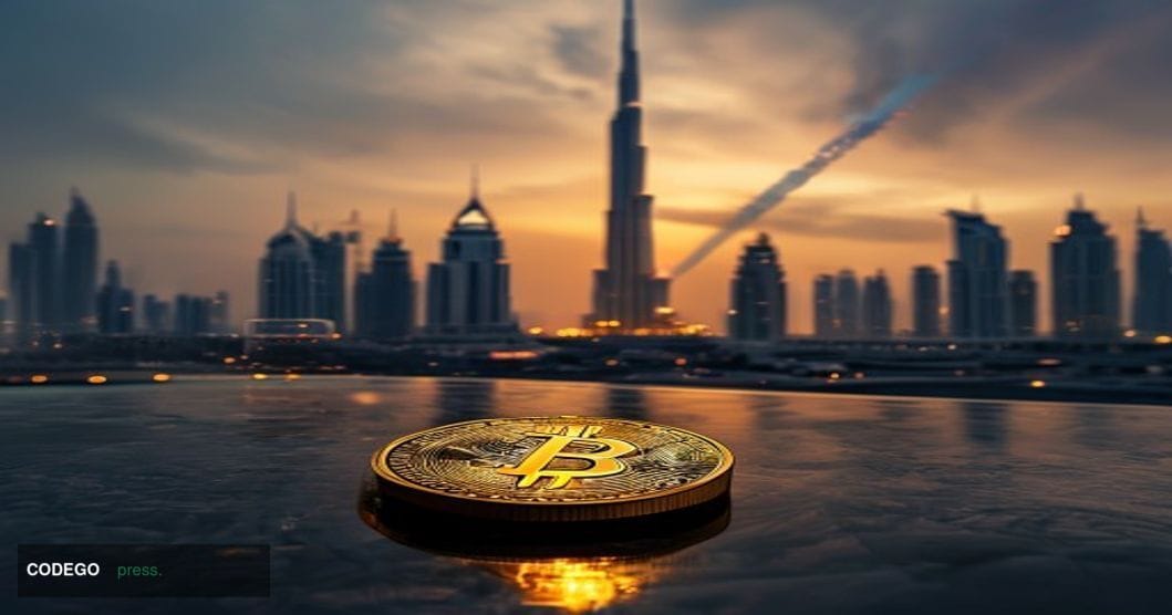 A dramatic cinematic editorial photograph shot from a low angle at dusk over the Dubai skyline, with the Burj Khalifa and UAE