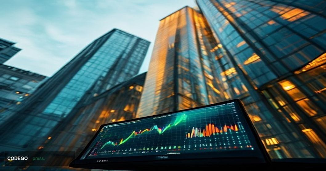 A cinematic editorial photograph set in a grand European financial district — the European Central Bank's Frankfurt headquart