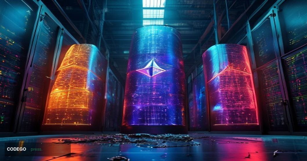 A cinematic editorial photograph shot from a low angle looking up at three massive illuminated server towers arranged like mo