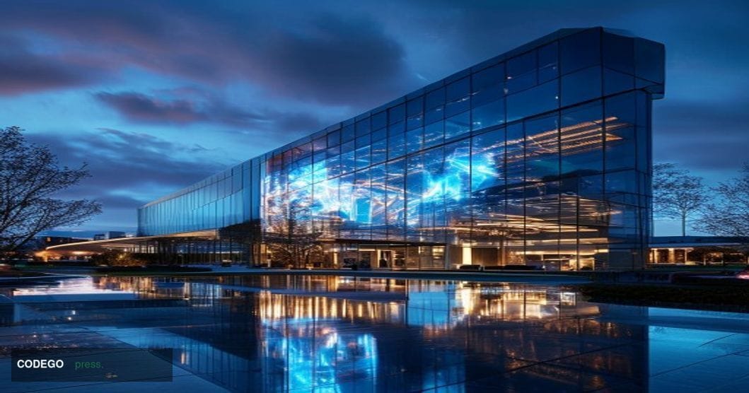 A cinematic editorial photograph set at the exterior of ON Semiconductor's corporate headquarters, a sleek modern glass-and-s