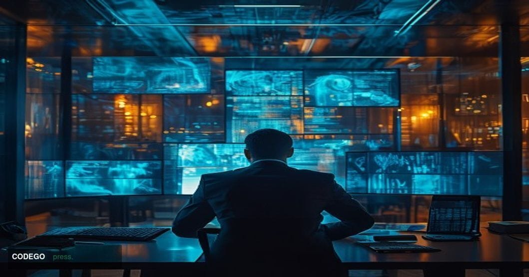 A cinematic editorial photograph set inside a sleek, dimly lit financial technology operations center, with large curved moni