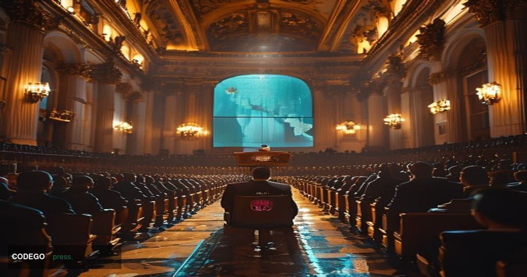 A cinematic editorial photograph set inside a grand Viennese conference hall with ornate classical architecture — gilded ceil