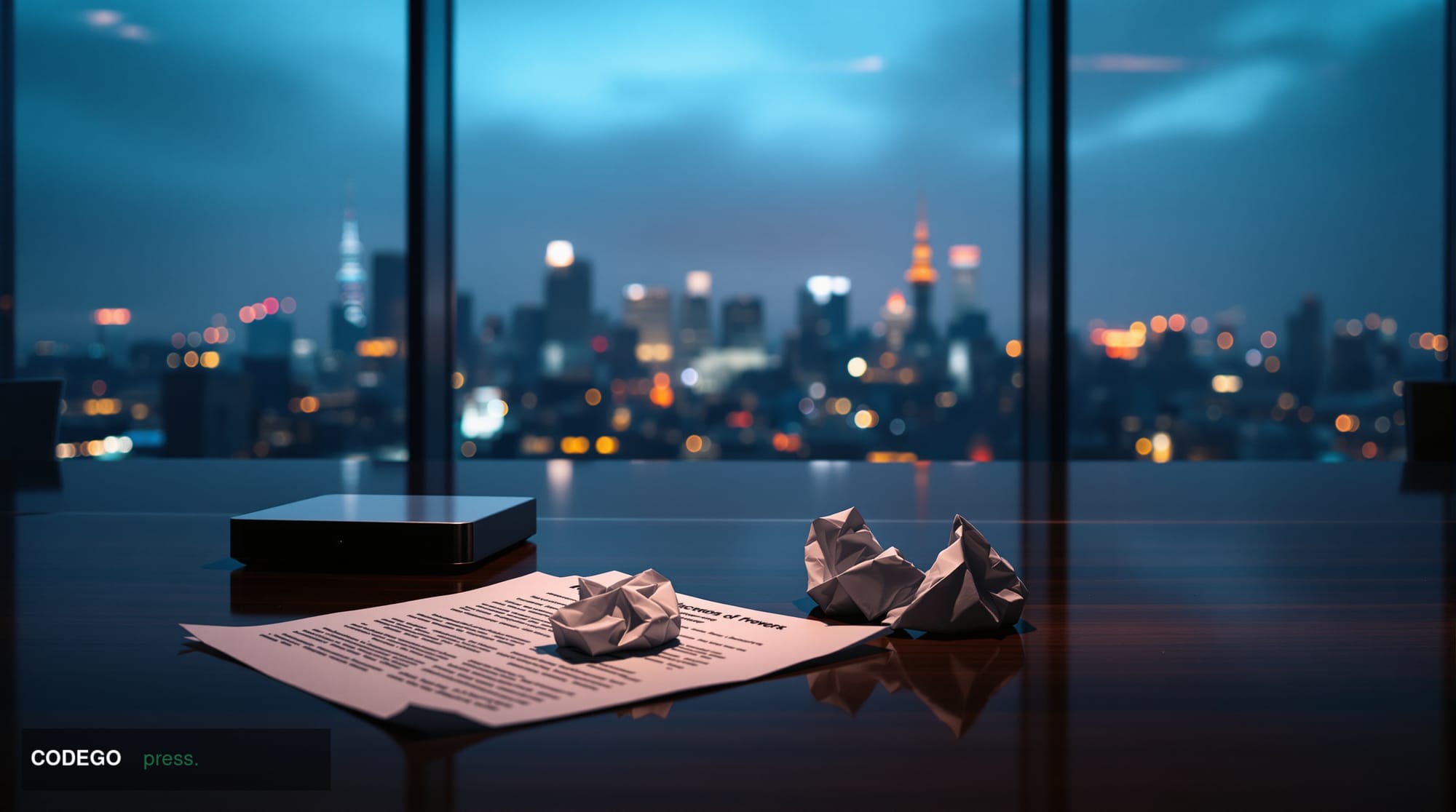 A cinematic editorial photograph set inside a sleek South Korean corporate boardroom, with floor-to-ceiling glass walls overl