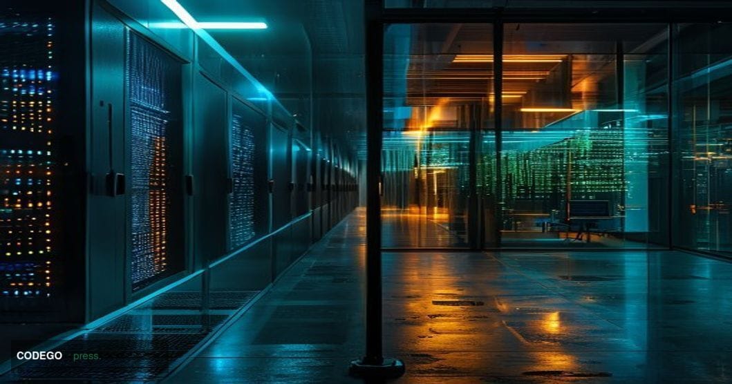 A cinematic editorial photograph depicting a dramatic split-scene: on the left, a sleek, dimly lit server room with blinking 