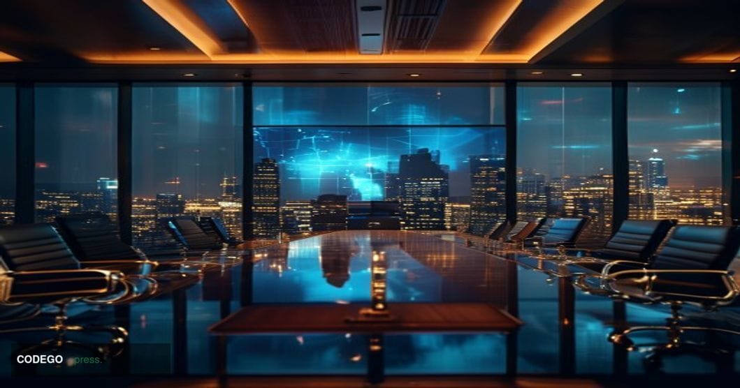 A cinematic editorial photograph shot from a low angle looking up at a gleaming corporate boardroom with floor-to-ceiling gla