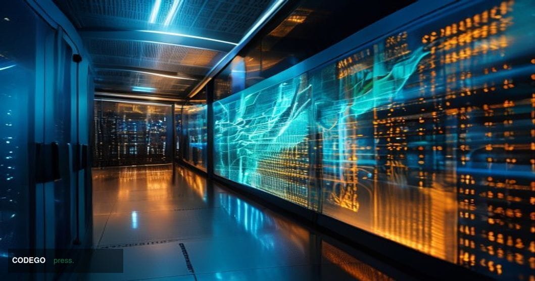 A cinematic editorial photograph of a sleek, ultramodern server infrastructure environment representing an AI company's opera