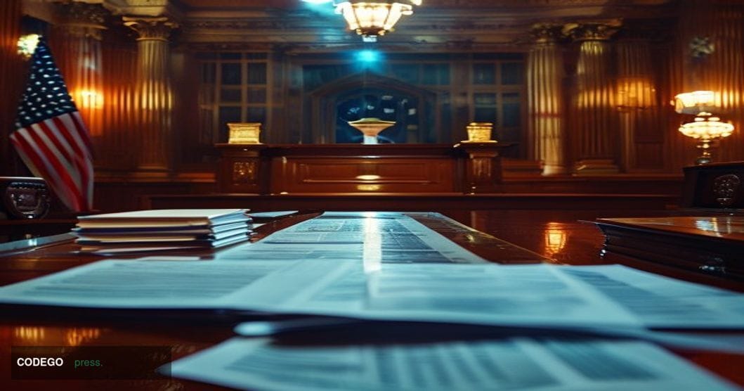 A cinematic editorial photograph set inside a grand federal regulatory hearing room in Washington D.C., with polished mahogan