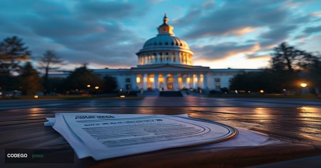 A photorealistic editorial photograph of the Oregon State Capitol building in Salem, Oregon, shot from a low dramatic angle a