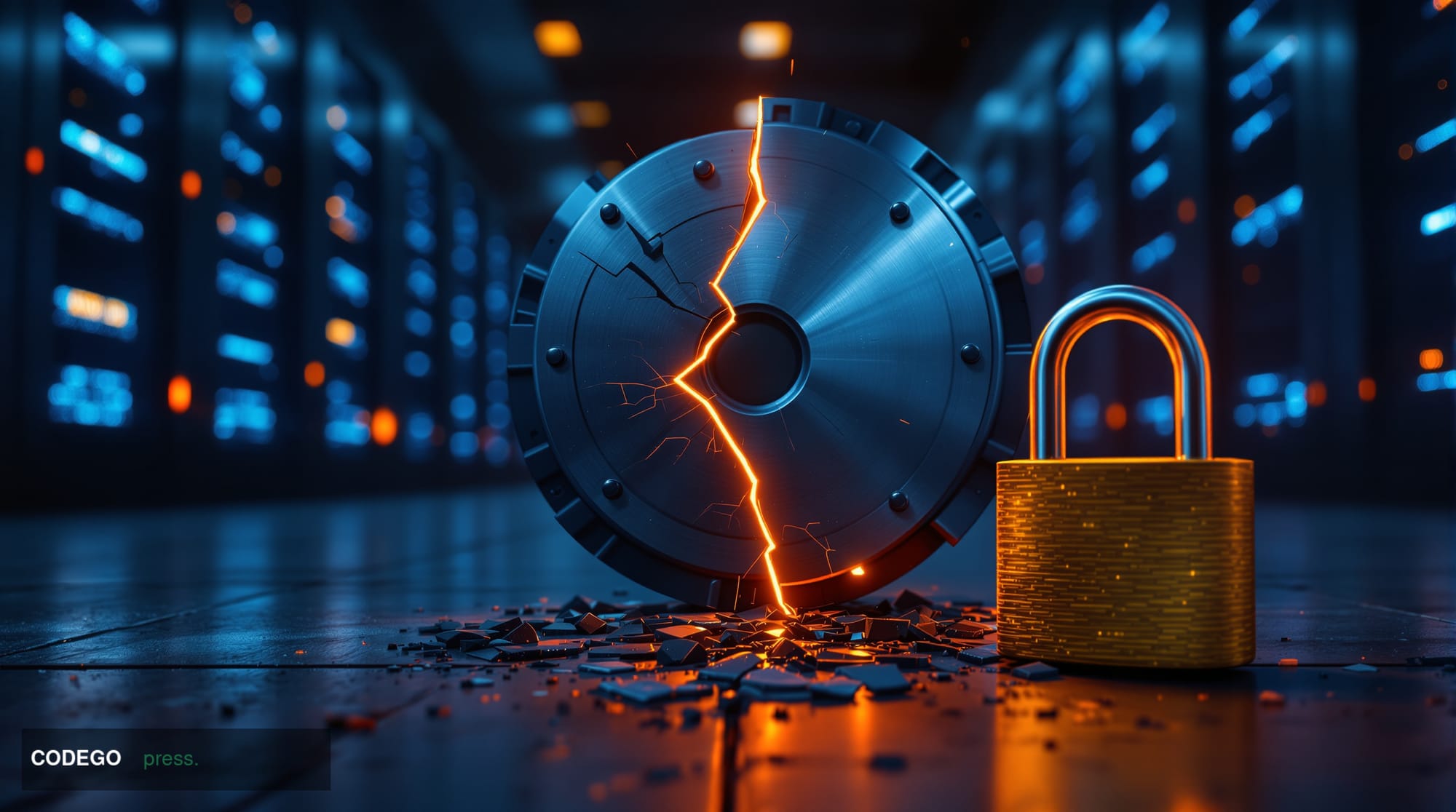 A cinematic editorial photograph depicting a cracked digital vault door rendered in dark gunmetal grey, glowing orange at the
