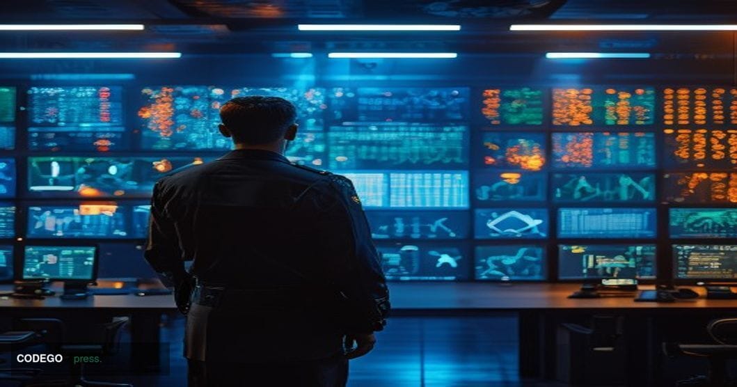 A dramatic editorial photograph set inside a high-tech Pakistani government command and control centre, modelled on the aesth