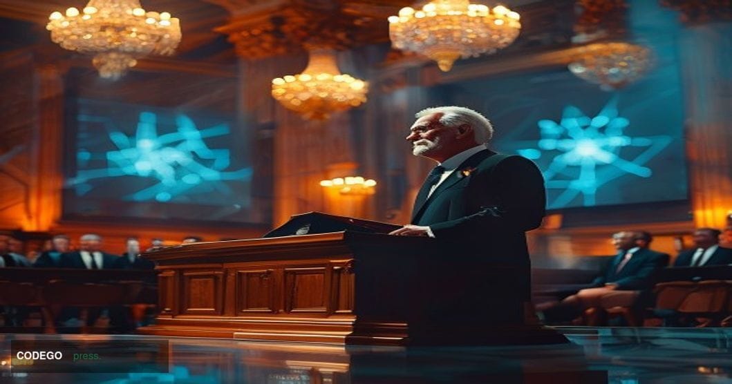 A photorealistic editorial photograph set inside a grand Roman conference hall, with warm amber chandeliers casting dramatic 