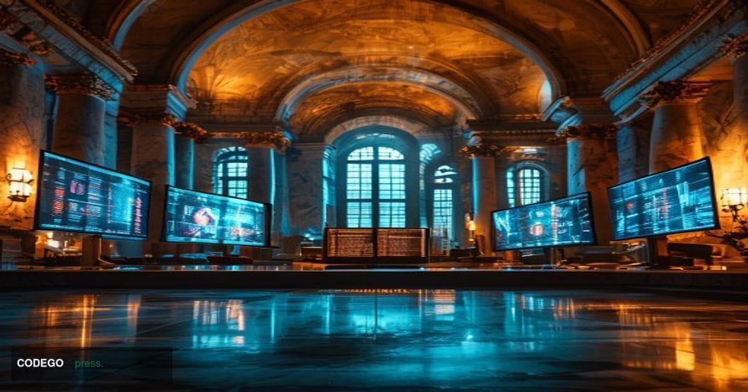 A cinematic editorial photograph set inside a grand neoclassical government treasury building, with imposing marble columns a