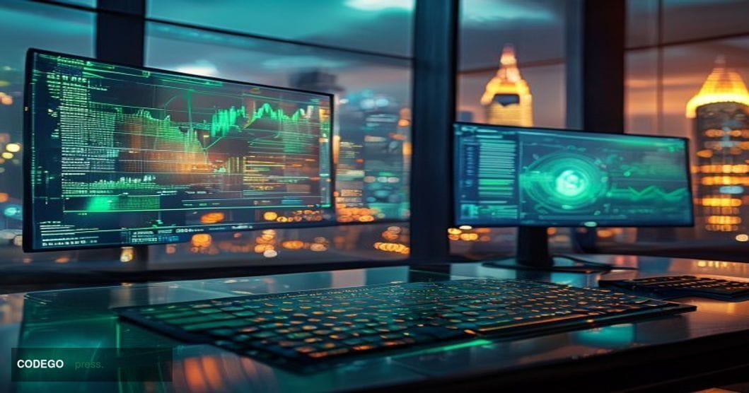 A cinematic editorial photograph set inside a modern financial technology operations center, featuring two large curved monit