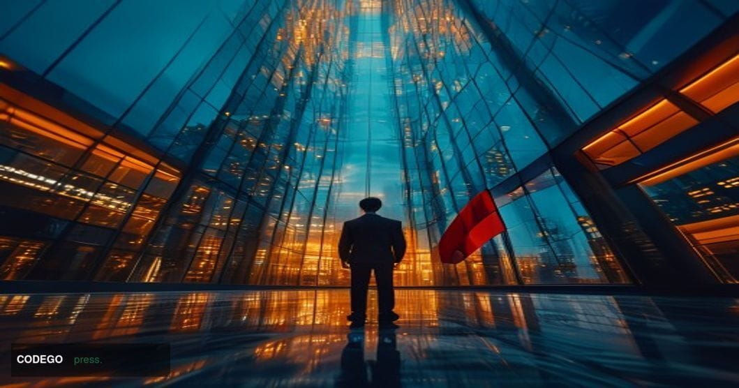 A cinematic editorial photograph centered on a towering glass-and-steel building representing a major tech communications hea