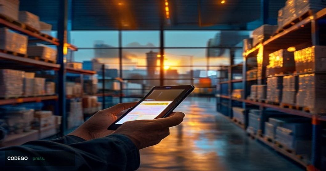 A cinematic editorial photograph set inside a modern, warmly lit e-commerce fulfillment hub in Mumbai, India, with a foregrou