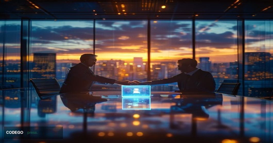 A cinematic editorial photograph depicting a corporate technology acquisition scene set in a modern San Francisco-style finte