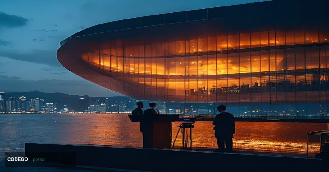 A cinematic editorial photograph set at the Hong Kong Convention and Exhibition Centre waterfront, with the iconic curved gla