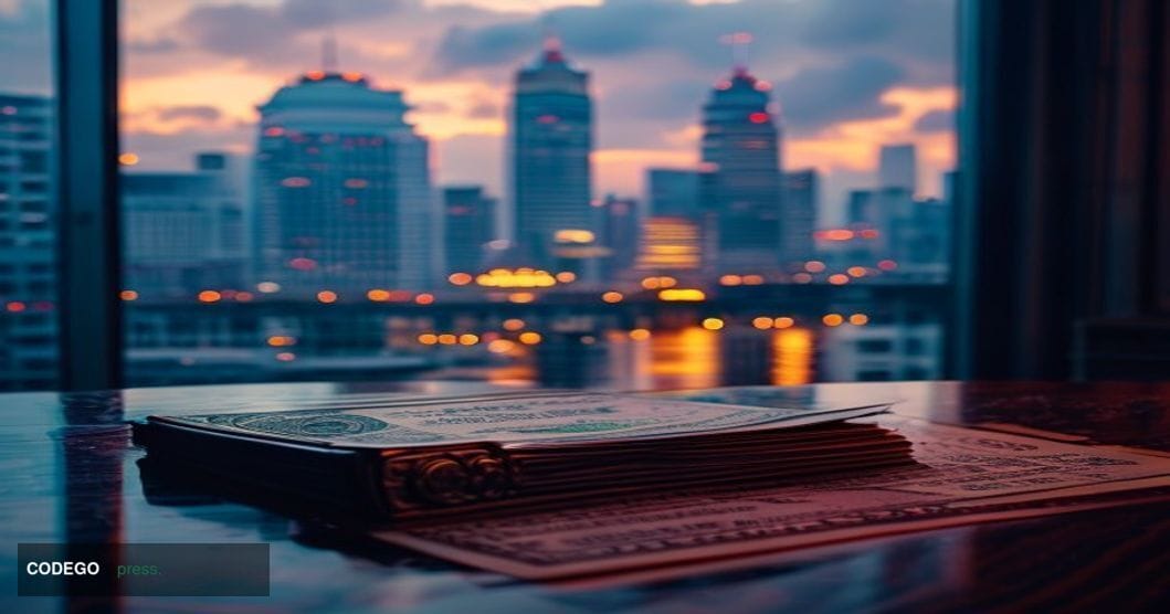 A cinematic editorial photograph set in Manila, Philippines, with the iconic Bonifacio Global City financial district skyline