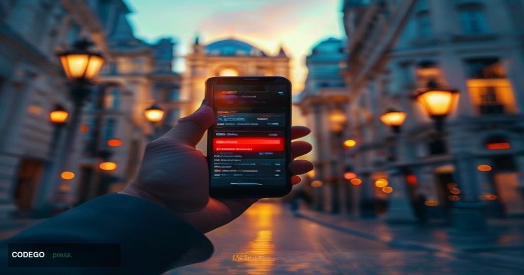 A cinematic editorial photograph taken at a low angle looking up at a glowing smartphone screen displaying a suspicious phish