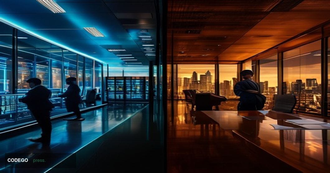 A dramatic split-composition editorial photograph set inside two distinct corporate banking environments rendered side by sid