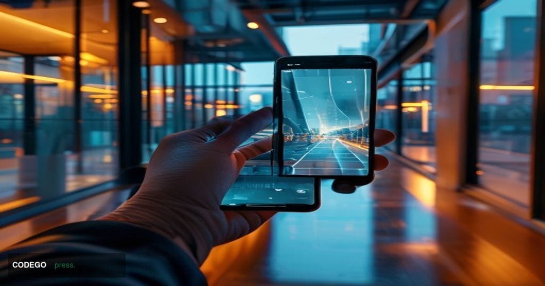 A photorealistic editorial photograph centered on a modern smartphone displaying a sleek, clean banking dashboard interface, 
