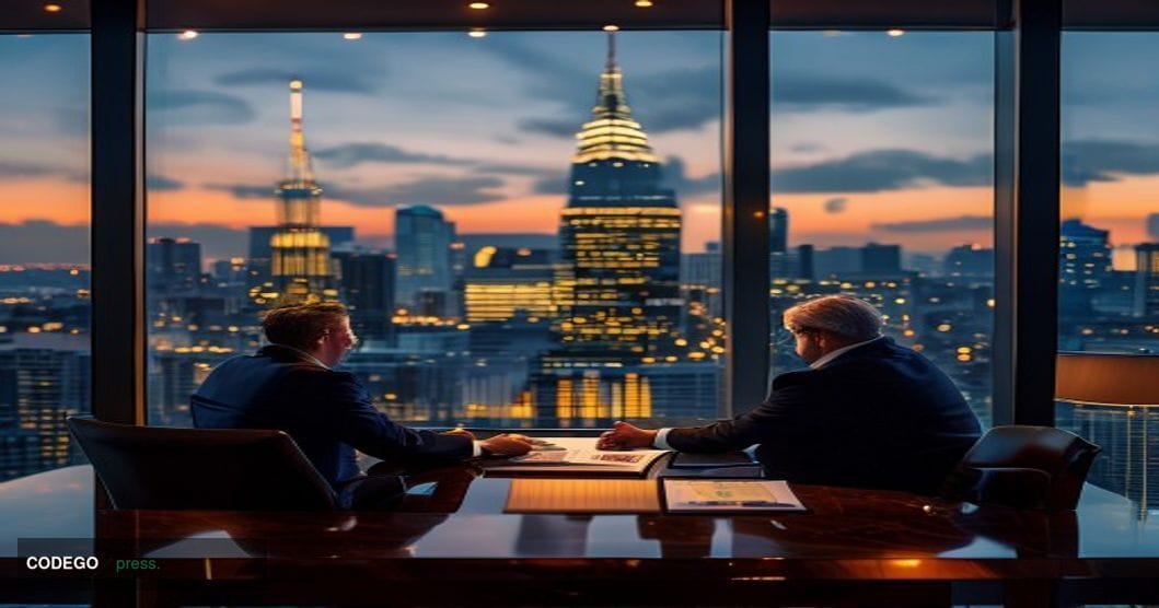 A cinematic editorial photograph set inside a sleek, modern private wealth management office with floor-to-ceiling glass wind