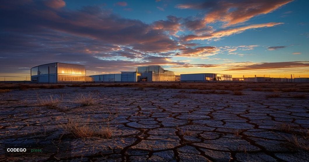 A photorealistic editorial photograph of a vast, sun-scorched West Texas desert landscape at dusk, with two large industrial 