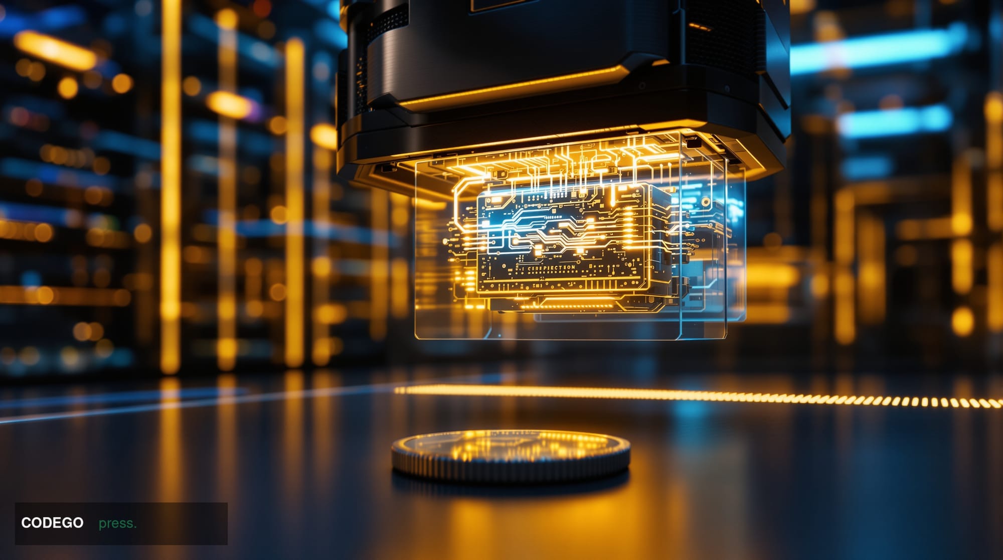 A cinematic editorial photograph set inside a futuristic quantum computing laboratory, featuring a close-up of a glowing quan