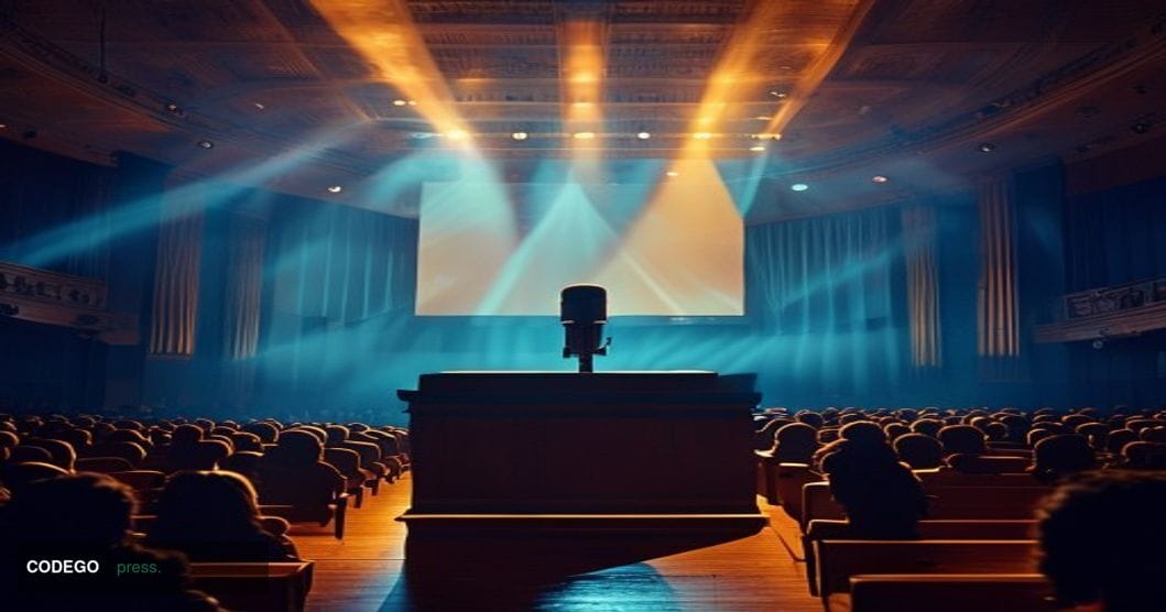A cinematic editorial photograph set inside a grand Melbourne lecture hall or auditorium, with high vaulted ceilings and warm