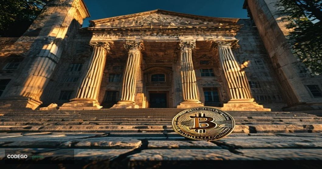 A photorealistic cinematic editorial photograph of the Reserve Bank of India's iconic Mumbai headquarters building — the gran