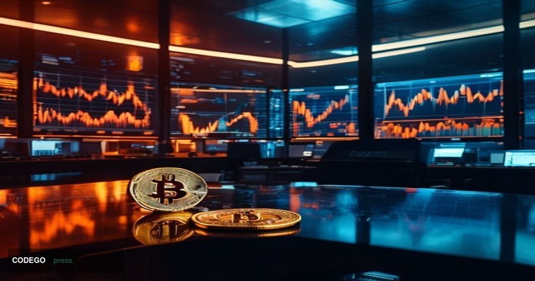 A dramatic cinematic editorial photograph set in a dimly lit trading floor environment with large curved monitors displaying 