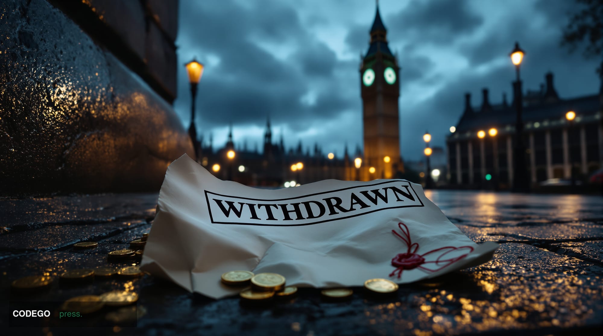 A dramatic cinematic editorial photograph set outside the Houses of Parliament in Westminster, London, with the iconic Elizab