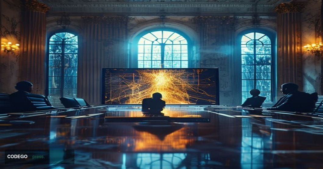 A cinematic editorial photograph set inside a grand, neoclassical central bank boardroom — think marble columns, dark mahogan