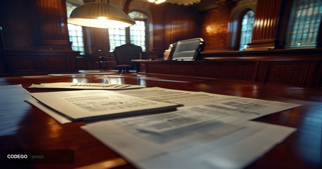 A formal federal regulatory office interior in Washington D.C., shot from a low angle looking up toward a mahogany conference