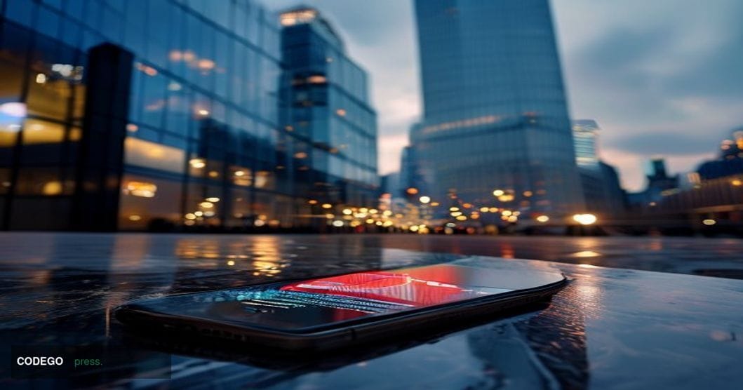 A cinematic editorial photograph set at dusk outside Revolut's modern London headquarters, with the company's branding subtly