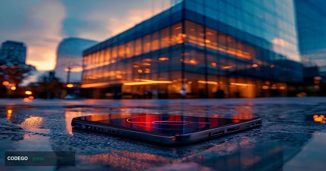 A cinematic editorial photograph set at dusk outside Revolut's London headquarters, the building's glass facade reflecting a 