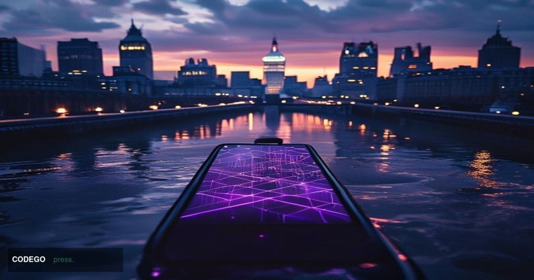 A dramatic cinematic editorial photograph centered on the City of London financial district skyline at dusk, with the iconic 