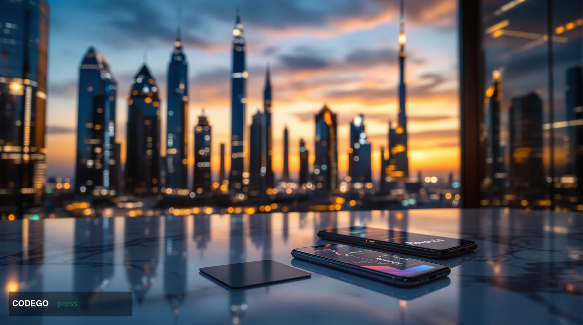 A photorealistic editorial photograph capturing the Dubai skyline at dusk, with the gleaming glass towers of the Dubai Intern