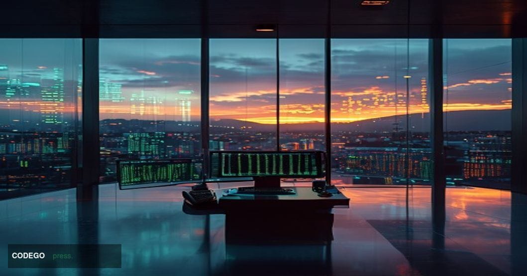 A cinematic editorial photograph of a modern financial trading floor environment seamlessly blending with glowing Ethereum bl