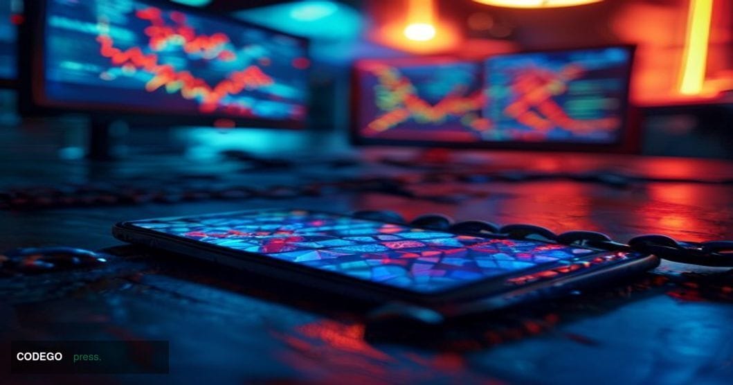A dramatic cinematic editorial photograph set in a dimly lit trading room environment, focused on a cracked smartphone screen