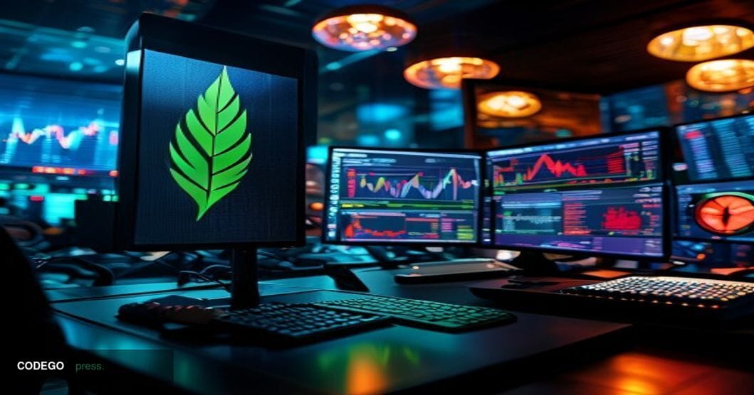 A cinematic editorial photograph set in a modern financial trading environment, with a large split-screen display showing Rob