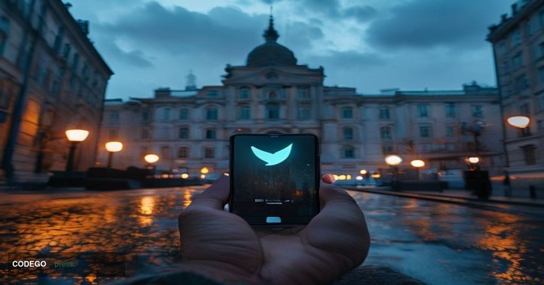 A cinematic editorial photograph set in a cold, grey Moscow streetscape at dusk, with the imposing brutalist facade of a Russ