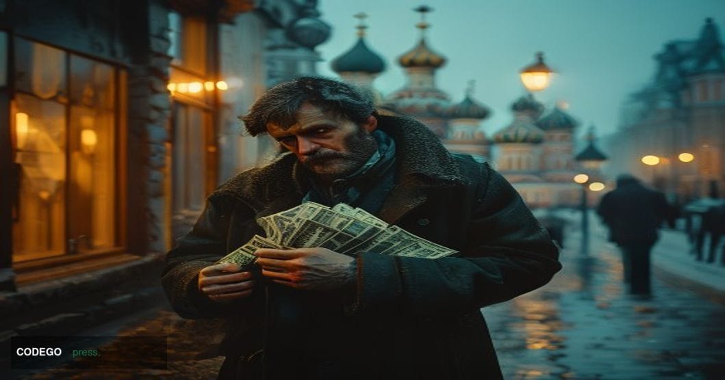 A dramatic cinematic editorial photograph set in a Moscow winter street scene, with the iconic onion domes of Saint Basil's C