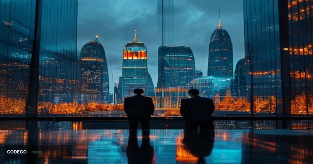 A cinematic editorial photograph set in Moscow's financial district, with the iconic glass facades of the Moscow Internationa