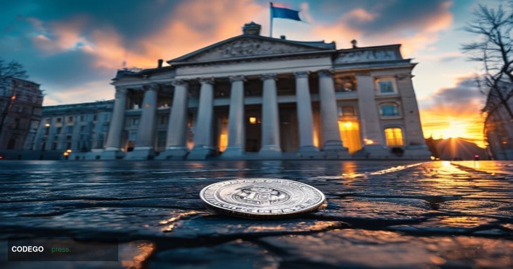 A cinematic editorial photograph of the Russian State Duma building in Moscow — the grand neoclassical facade on Okhotny Ryad