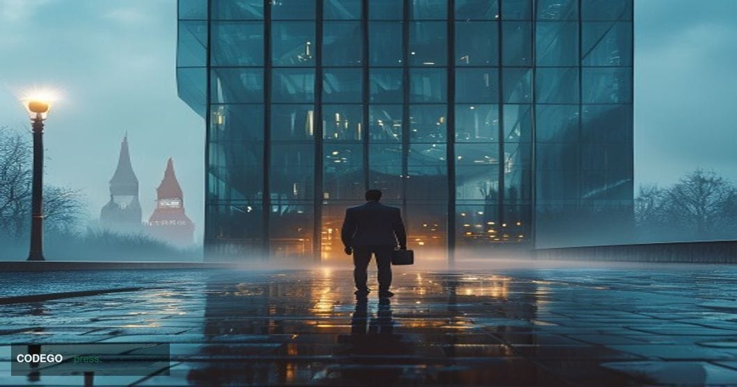 A cinematic editorial photograph centered on the exterior facade of Telegram's recognizable branding — a blue paper plane log