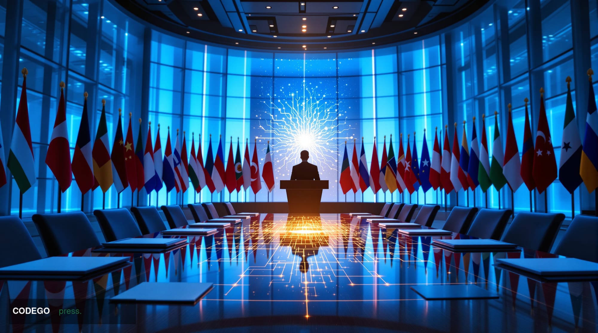 A cinematic editorial photograph centered on a grand international summit chamber reminiscent of United Nations or G7 confere